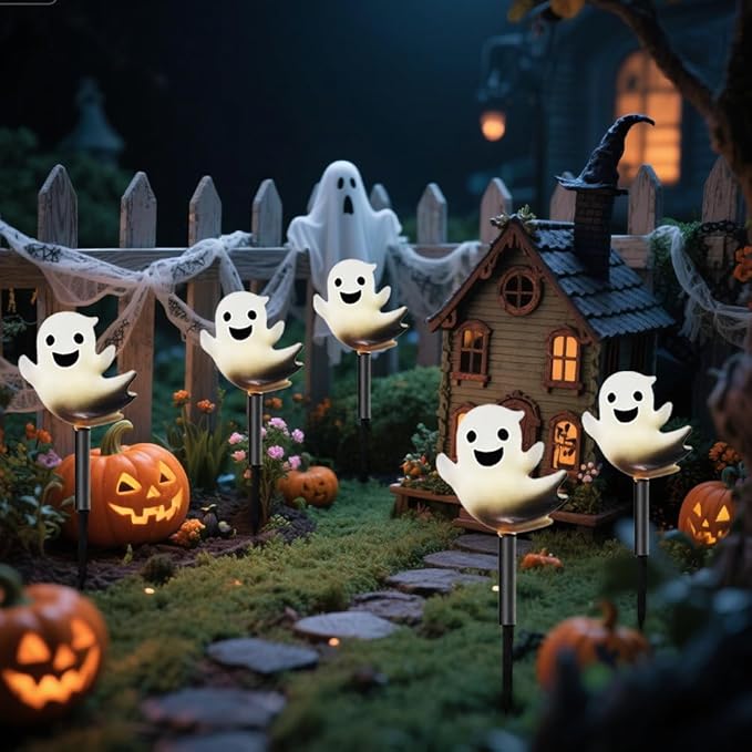 Solar Halloween Ghost Pathway Lights Lighted Outdoor Stake Decorations Waterproof LED Yard and Garden Lights for Halloween Pathway LawnPatio and Holiday Decor