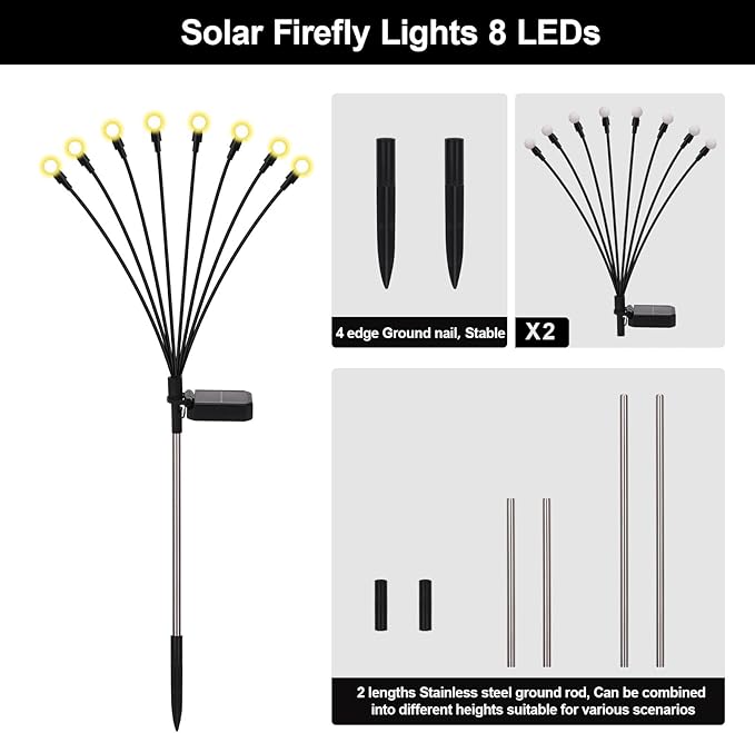 Firefly Lights Solar Outdoor, 8 Modes 800mAh Swaying Solar Firefly Garden Lights Stakes Outdoor Waterproof for Outside Yard Patio Plant Christmas Holiday Garden Decor Warm White(2 Pack)