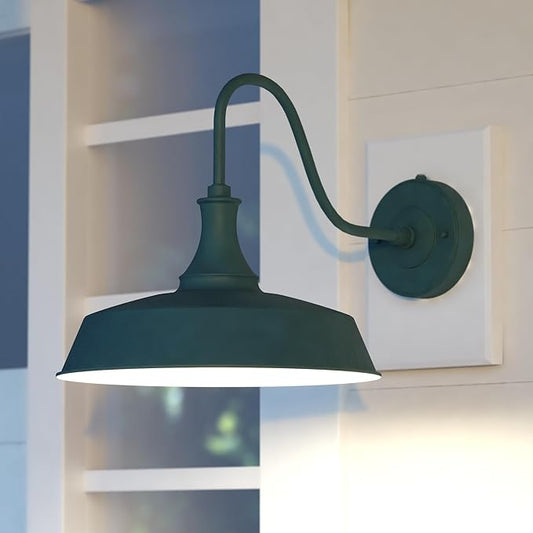 VAXCEL Dorado 11.5 in. H 1-Light Hunter Green and White Dusk to Dawn Sensor Farmhouse Outdoor Wall Sconce, Gooseneck Steel Shade, Dark Sky Compliant for Exterior Porch Patio Front Door or Garage