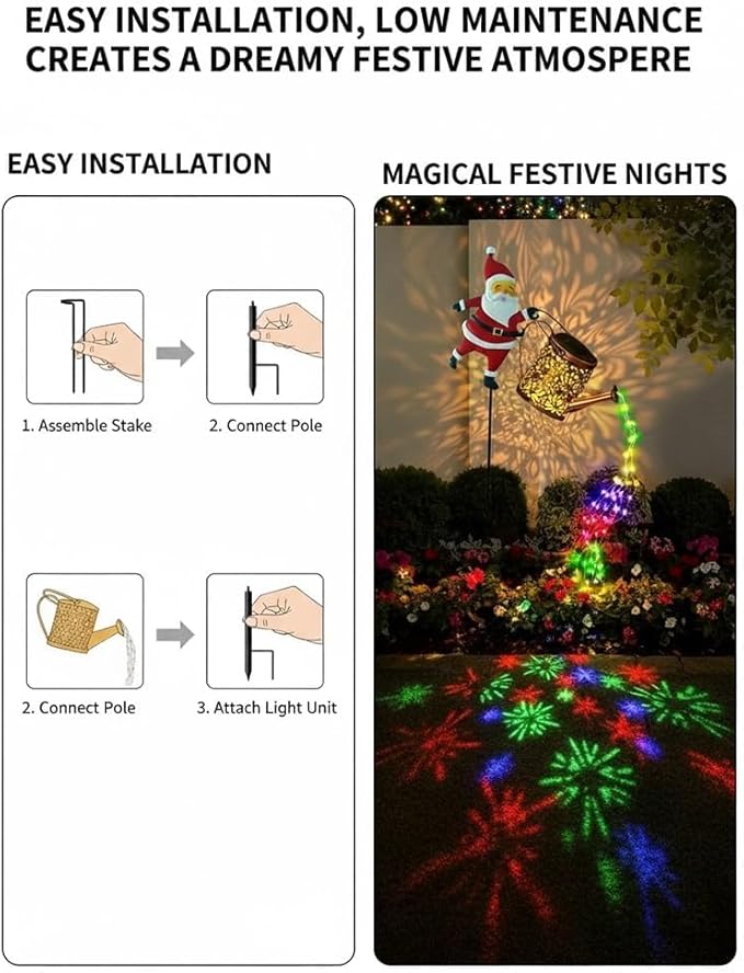 Christmas Solar Santa Watering Can Lights - Outdoor Garden Decor, Waterproof LED Pathway Patio Lights for Holiday Ambiance (2Colorful)