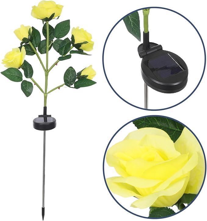 Alipis 2pcs Solar Flower Lights Outdoor 5-Head Rose Solar Garden Lights Waterproof Lawn Stake LED Solar-Powered Pathway Lamps for Patio and Yard Decoration