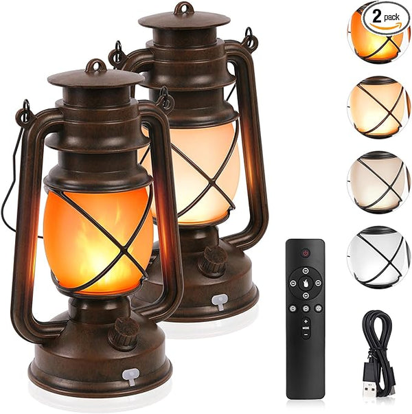 2 Pack Vintage Lantern Flickering Flame Rechargeable LED Retro Camping Lights 4 Modes Remote Control Battery | Lumora