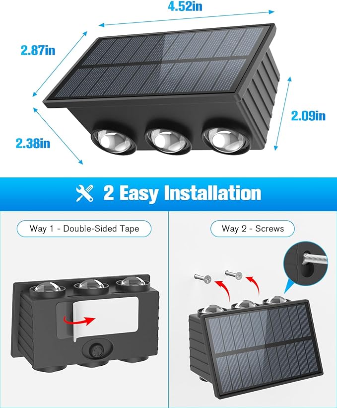 VOLISUN Solar Fence Lights 12 Pack, Color Glow LED Up and Down Wall Lamp, IP65 Waterproof Solar Lights Outdoor for Patio, Backyard, Railing, Deck, Fence and Wall(6 Lenses)
