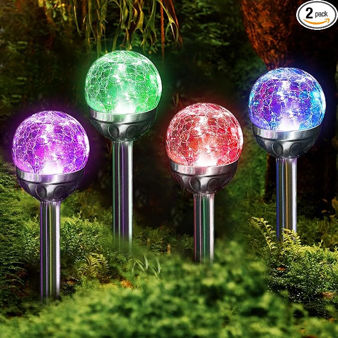 4 Pack Solar Lights Outdoor, Cracked Glass Ball Solar Garden Lights, Decorative LED Landscape Light for Patio Pathway Decor, Multicolor