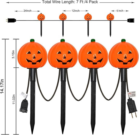SUNSGNE Halloween Pathway Lights Outdoor, Set of 4 Halloween Pumpkin Stake Lights, Connectable Jack-O-Lantern Walkway Light for Holiday Garden Party Driveway Lawn Lighting Decor