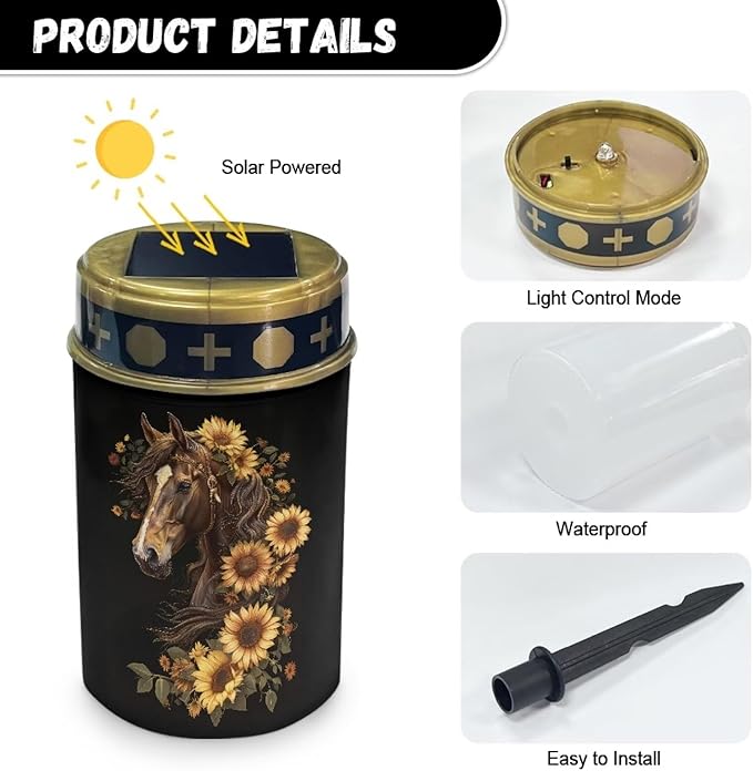 Sunflower Horse Solar Yard Light Outdoor Solar Garden Lights Pathway Solar Lights for Prayer Cemetery Solar Lights for Grave Cemetery Decor Candle Lamp