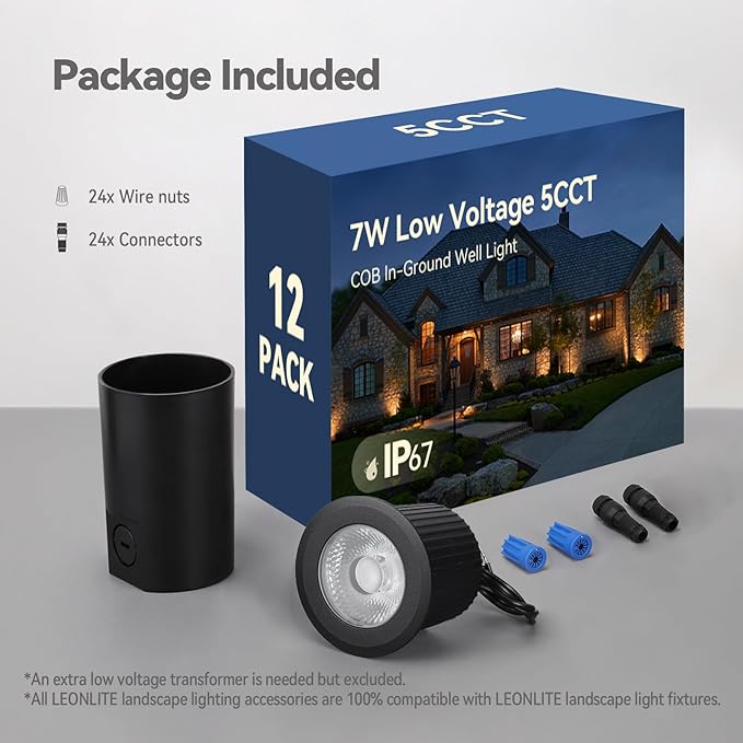 LEONLITE 12-Pack 7W 5CCT Well Lights Landscape LED In Ground, 12-24V AC/DC Low Voltage, CRI90 IP67 Inground Well Lights Outdoor, Black Aluminum Housing, Embedded Parts Included