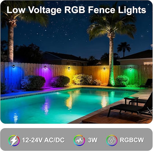 Outdoor RGB Fence Lights Wired, 3W 12V Wired LED RGB Color Changing Low Voltage Fence Lights for Outdoor Deck Post Stair Step Railing, IP65 Waterproof, ETL, Black, 12PK