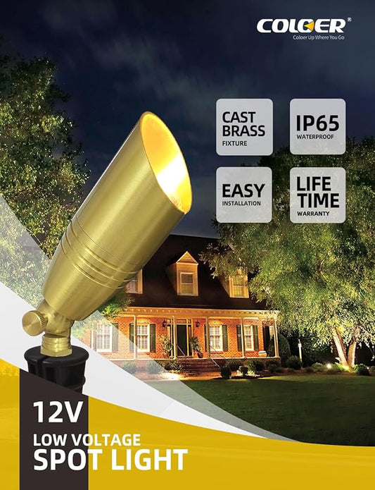 COLOER Die-cast Brass Landscape Spotlight 10-Pack with 5W Aluminum Housing LED MR16 Bulb,12V AC/DC Low Voltage Copper Outdoor Lighting, Directional Garden Patio Spot Up Light (102B Copper Finish)