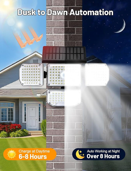 Solar Lights Outdoor, 214 LED Motion Sensor Waterproof Solar Security Light with Remote Control, 4 Heads 270° Wide Angle Flood Wall Light with 3 Modes, Auto On/Off for Outside Patio Backyard (2 Pack)