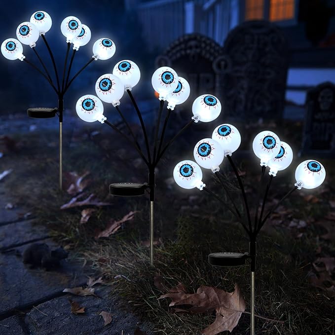 LEWIS&WAYNE Solar Halloween Pathway Lights 3 Pack Eyeball Stake Lights Outdoor 2 Modes Cool White LEDs for Garden Yard Patio