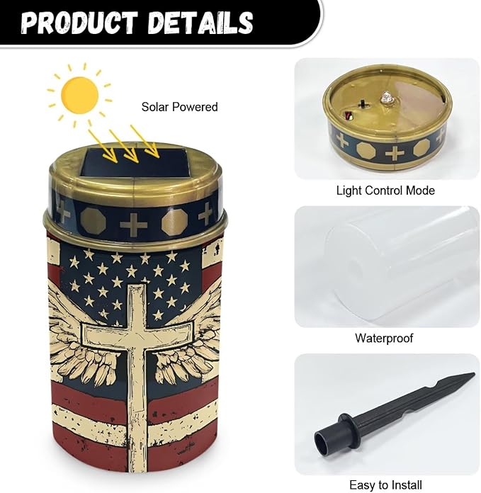 Solar Garden Lights for Cemetery, Cross American Flag Eternal Lights for Cemetery Grave Decorations