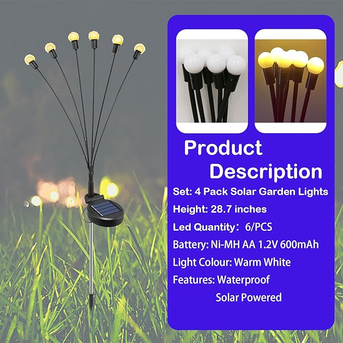 Outdoor Solar Powered Swaying Lights Landscape Lighting Waterproof Garden Firefly LED Lights Sway Swing by Wind Outside Patio Yard Backyard Lawn Flowerbed Christmas Decorations Gifts 4 Pack