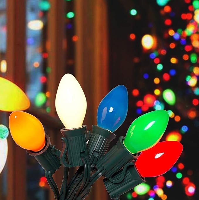 Abeja 25FT C7 Multicolor Light Outdoor, Vintage Christmas String Lights with 27 Multicolor Ceramic Bulbs (2 Spare), Hanging Christmas Lights for Outdoor Xmas Patio Wedding Party Garden Decor
