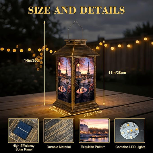 Solar Lantern Outdoor Waterproof Vintage Paris Eiffel Tower French Cityscape Cafe Decor Romantic City Garden Decor LED Solar Lights Hanging/Tabletop Lamp Gifts for Women Mom for Outside Yard Patio