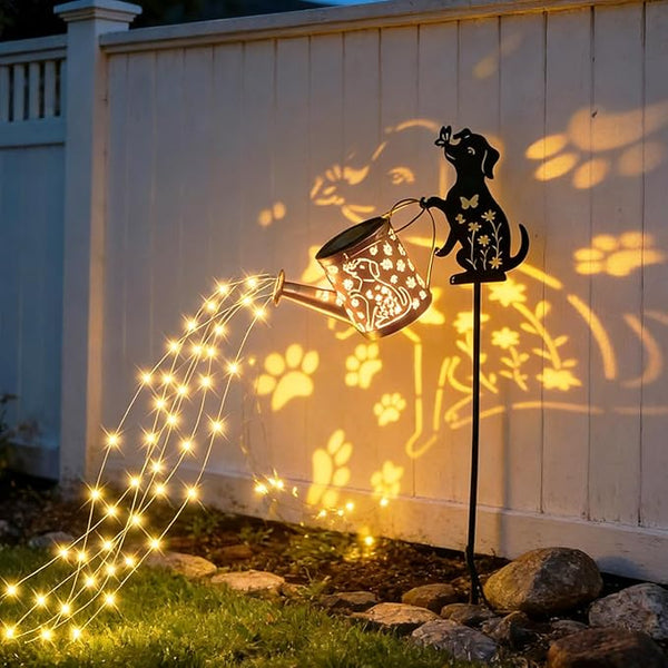 Outdoor Solar Dog Garden Decorative,Solar Watering Can with Light, Featuring Metal Dog Statue Silhouette Stake, Day | Lumora