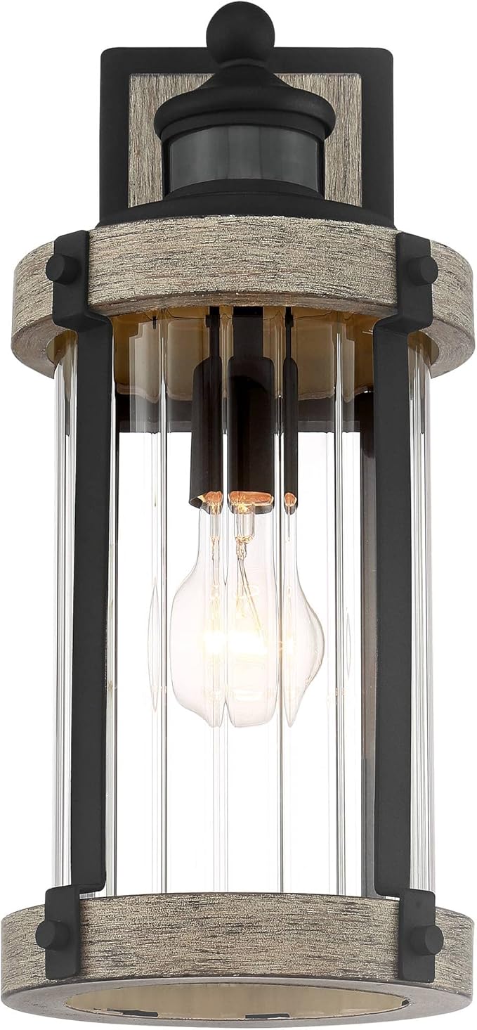 John Timberland Stan Rustic Outdoor Wall Light Fixture Wood Finish Black 15 1/2" Pleated Glass Motion Sensor Dusk to Dawn Decor for Exterior House Porch Patio Outside Deck Garage Yard Front Door