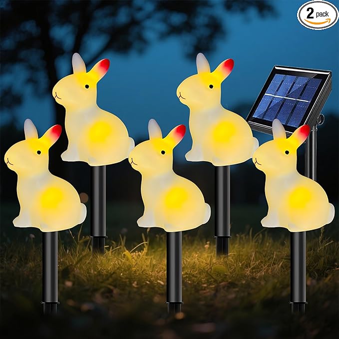 Rabbits Solar Outdoor Lights, 5 Pcs Solar Bunny Lights, Waterproof LED Solar Garden Stake Lights for Patio Lawn Yard Easter Decorations