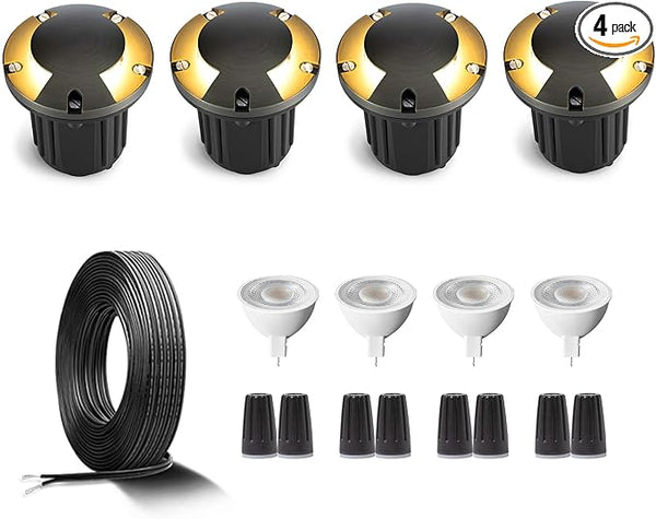 Gardenreet Brass Low Voltage Well Lights for Landscaping Kit(4 Pack) with MR16 Bulb & 100Feet Wire & Connectors | Lumora