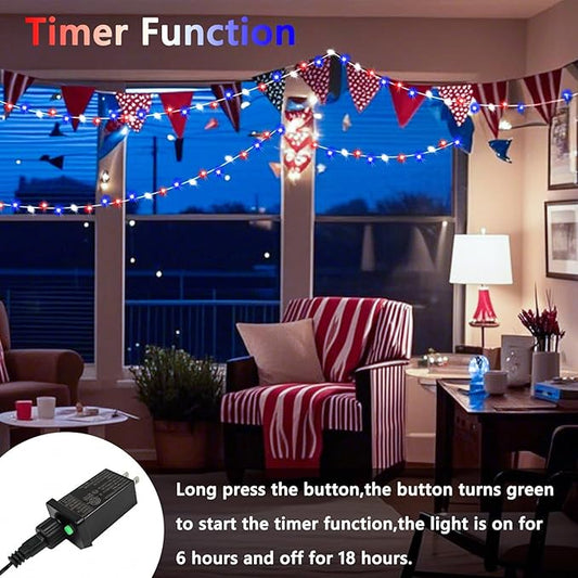 4th of July Decorations Red White and Blue Lights, 200 LED 66FT String Light Plug-in, 8 Modes 4th of July Lights for Indoor Outdoor Independence Day Memorial Day American Flag Patriotic Holiday Decor