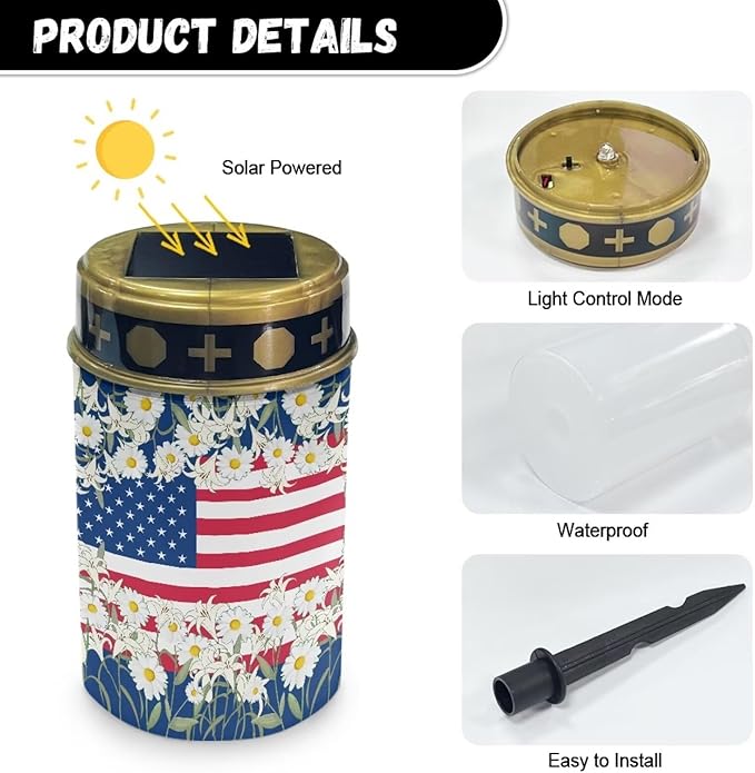 Daisy America Flag Solar Yard Light Solar Powered Light Outdoor Landscape Path Lights Patriotic Decor Solar Light for Lawn Path Walkway Waterproof Solar Light
