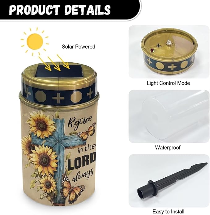 Bless Sunflower Solar Lights for Cemetery Grave Father Wing Waterproof Solar Powered Grave Lights Landscape Path Light LED Flameless Candle Decor