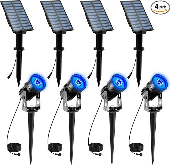 T-SUNUS 4 Pack Solar Landscape Spotlights - Blue, Waterproof IP65, 9.8ft Cable - Outdoor Security Flood Light | Lumora