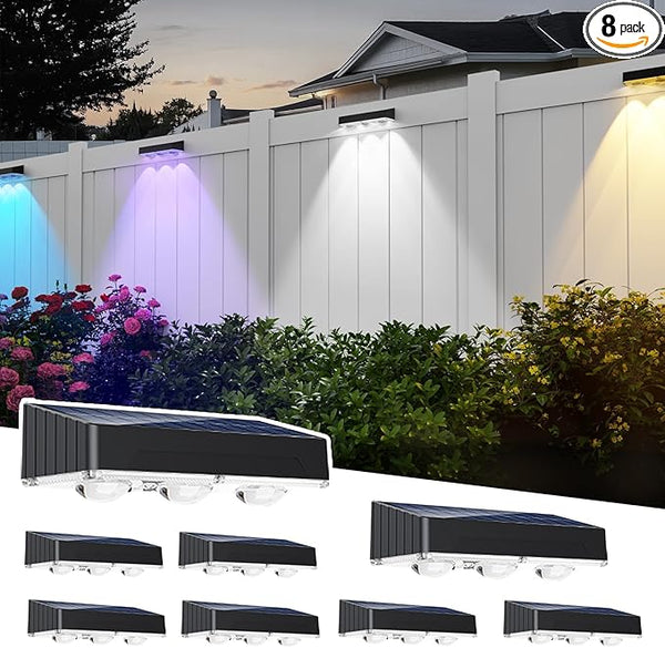 Solar Fence Lights 8 Pack,100 Lumens Outdoor Fence Solar Lights with 12 Modes RGB Color Glow LED Outdoor Waterproof | Lumora