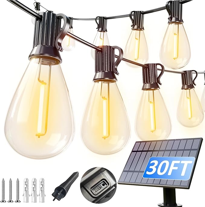 luckystyle 30FT Solar String Lights Outdoor Waterproof with 10+1 LED Bulbs Long Last for 20+Hrs, Commercial Grade Shatterproof USB Patio Solar Powered Lights for Camping,Backyard, Garden, Porch Decor
