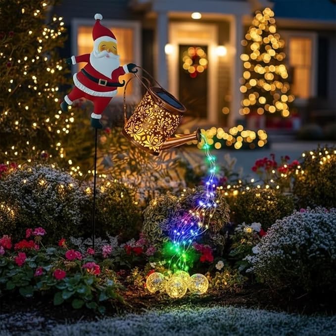 Christmas Solar Santa Watering Can Lights - Outdoor Garden Decor, Waterproof LED Pathway Patio Lights for Holiday | Lumora