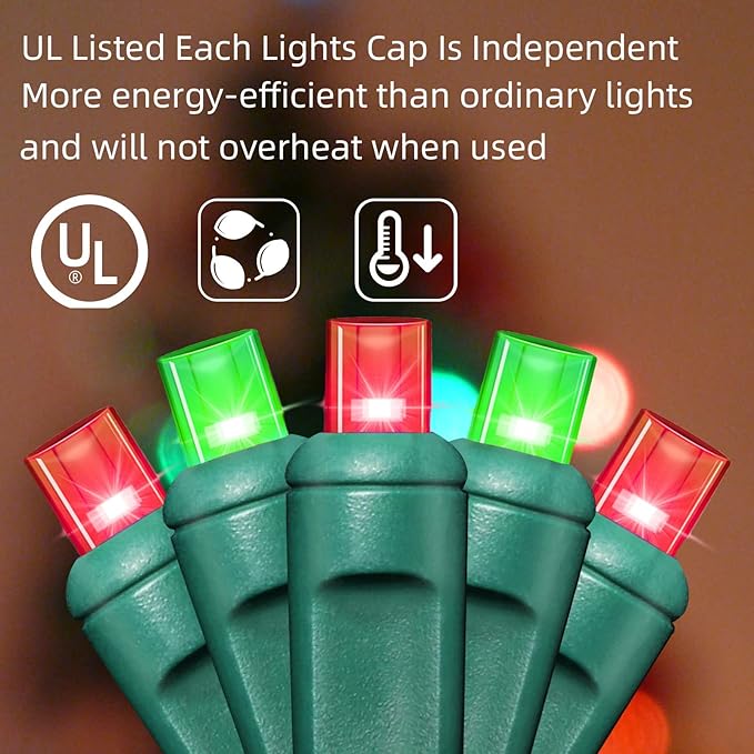 LAMPHOME Red and Green Christmas String Lights, 50 LED 25FT Connectable Waterproof String Lights Green Wire, Xmas Vintage Decorations for Indoor Outdoor Party Yard Garden Decor,Commercial Grade