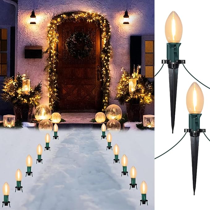 C9 Christmas String Lights Outdoor - 38FT Marker Stake Lights with 25 Clear LED Bulbs and 25 Stakes, Connectable | Lumora