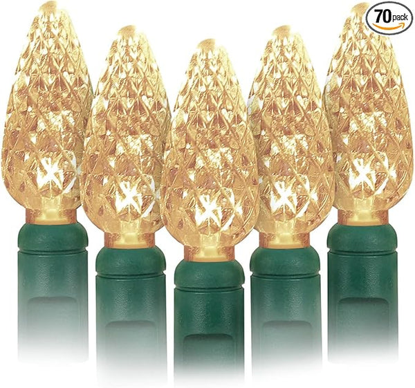 70 Count C6 Warm White Christmas Lights - 35.5ft Outdoor, Waterproof, Green Wire, IP65, UL Listed | Lumora