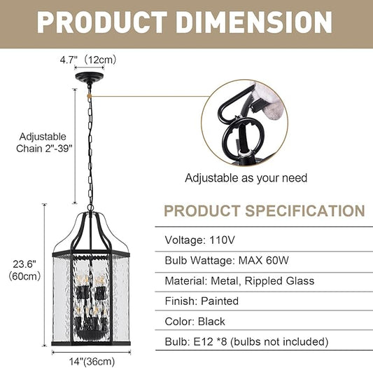 14" Modern 8-Light Exterior Black Lantern Pendant Light Fixture with Clear Rippled Glass Mini Industrial Hanging Cage Chandelier for Outdoor Kitchen Dining Room Hallway Entryway Foyer Porch