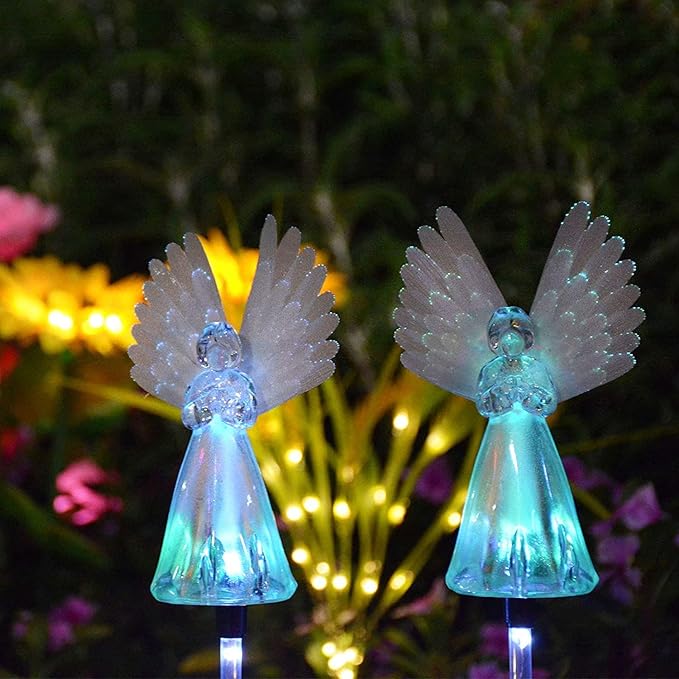 2 Pack Solar Powered Angel for Cemetery Decorations,Garden Stake Light Multi-Color Changing LED Waterproof Lawn Decorative Light for Garden Yard Patio Cemetery Grave Decorations