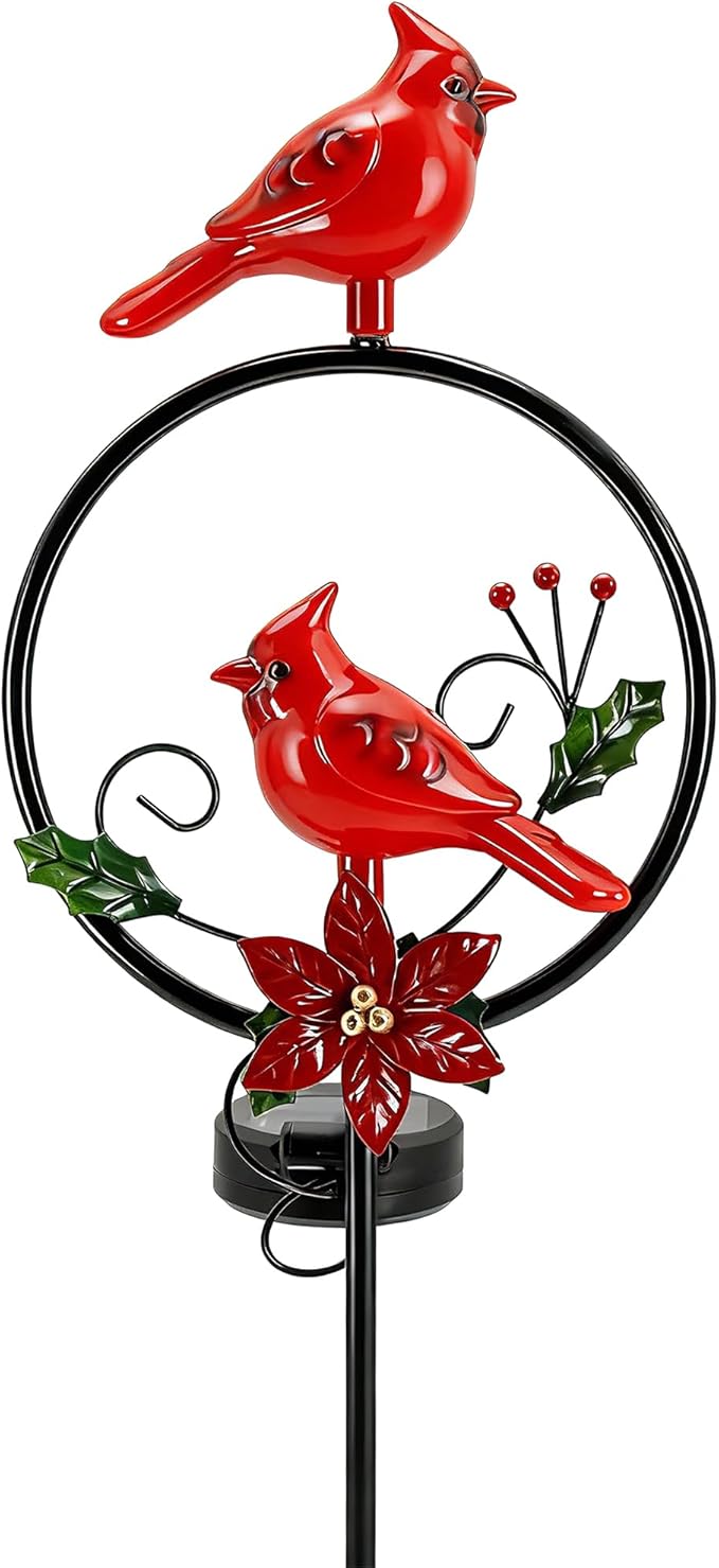 Cardinal Solar Christmas Lights Outdoor with Holly Berries, Solar Powered Waterproof Garden Stake for Patio Yard Decor, Memorial Gift for Mom & Grandma