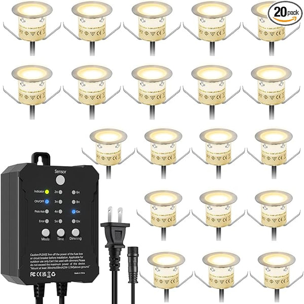 20 Pack Dimmable Recessed Deck Stair Lighting All-in-one with Timer Photocell Sensor Transformer Low Voltage LED | Lumora