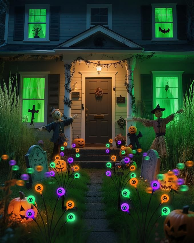 Solar Halloween Eyeball Lights Outdoor, 8Pack 48LED Purple Orange and Green Waterproof Eyeball Swaying Firefly Lights, Solar Halloween Pathway Light for Garden,Yard, Party, Halloween Decorations