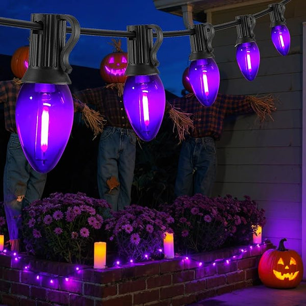 12FT Purple Halloween Lights Outdoor, C7 LED String Lights Plug in with Black Wire for Porch Railing, Walkway | Lumora