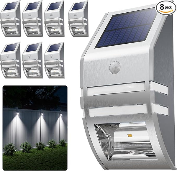 8 Pack Solar Wall Lights, Stainless Steels Outdoor Waterproof Motion Sensor Modern Metal Lamps for Fence, Deck | Lumora