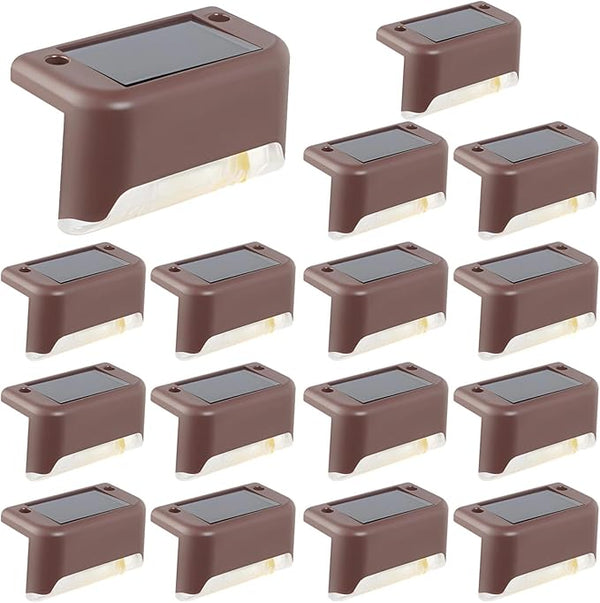 Set of 16 Solar Deck Lights, Brown Waterproof Led Fence & Step Lights, 3.1 X 1.8 X 1, Amorphous Silicon Panels | Lumora
