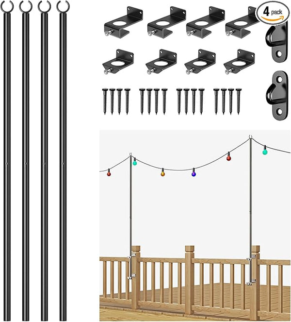 4 Pack 6.5FT Stainless Steel String Lights Pole Bracket/Holder with 2 Wall Hooks for Deck Railing Wood Posts (Black) | Lumora