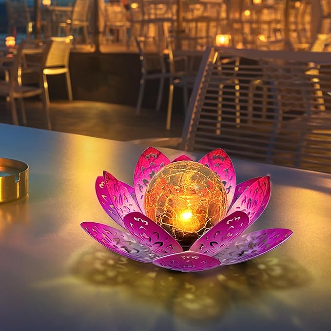 2 Pack Solar Lights Outdoor Garden 6.3 " Glass Lotus Lamp Waterproof LED Metal Flower Lights Outdoor Garden Table Decor for Outside Balcony, Patio, Deck, Porch, Walkway
