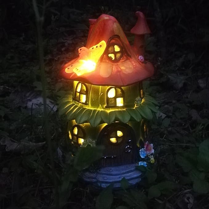 Solar Garden Figurine Lights, Large Resin Mushroom House Decorative Statue Waterproof Outside Ornament for Patio Yard Lawn Balcony (Orange)