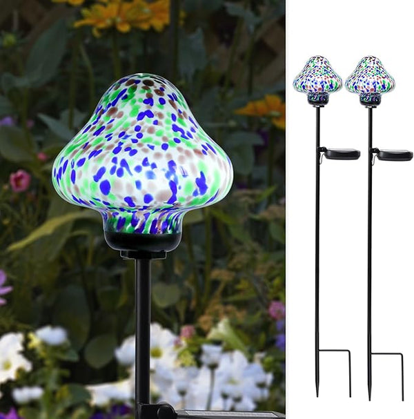 Bshine Mushroom Solar Outdoor Lights, Mosaic Mushroom Lamp Hand-Blown Glass Waterproof Metal Stakes Decorate | Lumora