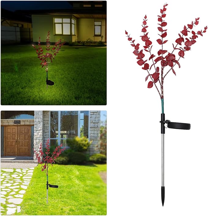 Cabilock Solar Eucalyptus Leaf Pathway Light Solar Garden Lamp Outdoor Landscape Lighting with Dark Red Flower Design Solar-Powered Lawn Stake Light for Patio and Yard Decoration