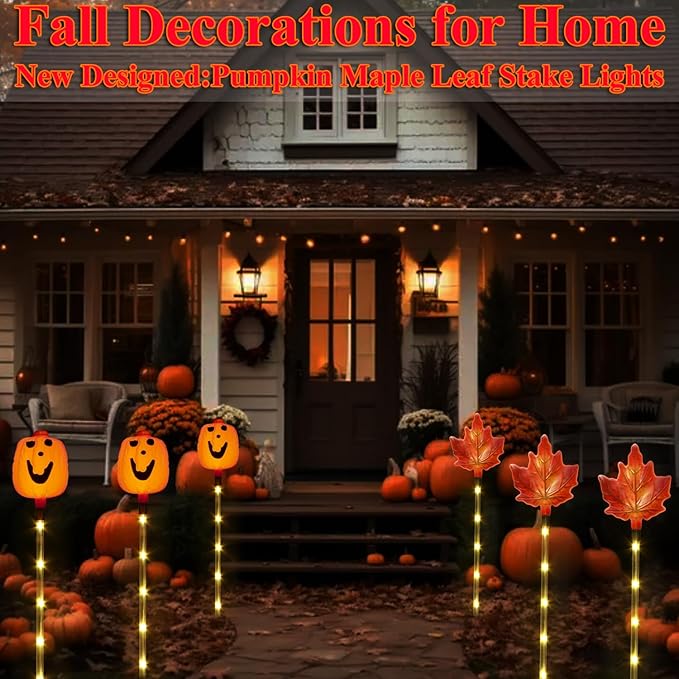 6 Pack Fall Decor Solar Maple Leaf Pumpkin Lights for Thanksgiving Decorations Outdoor,Waterproof Solar | Lumora