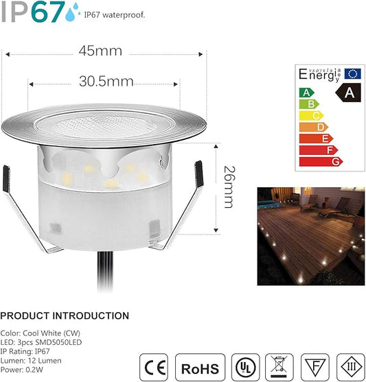 Deck Lights Outdoor Waterproof Low Voltage Lighting Kit Stainless Steel 1W Outdoor Yard Garden Decoration Lamps Landscape Pathway Patio Step Stairs Silver Border(10pcs,Cool White)