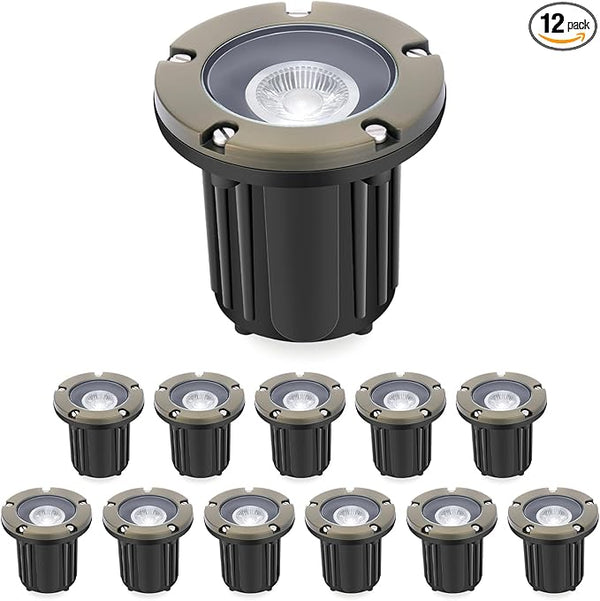 Gardencoin Brass Low Voltage Landscape Well Lights (5" Cover, 5.5" Tall), 12V LED Wired In-Ground Outdoor Up | Lumora