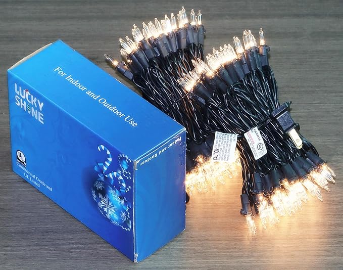 LUCKY SHINE 200 Clear Christmas Lights, Commercial Grade Pack of 2 Sets 100 Light and 66 Ft Black Wire, for Indoor and Outdoor Use.